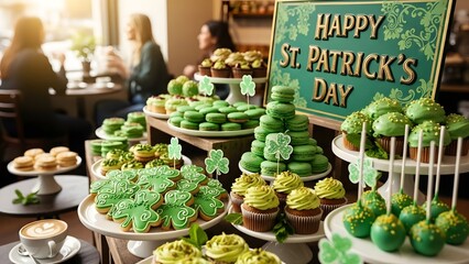 St patricks day green dessert table with sweet treats and happy st patricks day sign