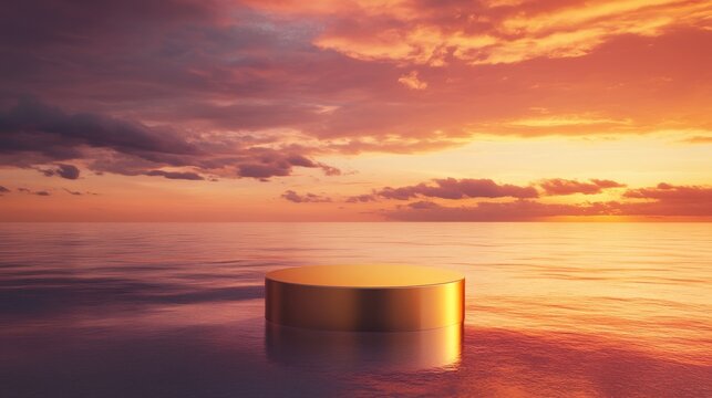 High-end cosmetic product pedestal materializing from pristine sandy beach, golden cylindrical platform with soft shadows, dramatic sunset creating spectacular backdrop of orange and magenta clouds,