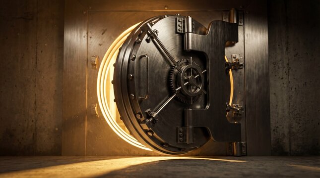 Heavy bank vault door partially open, bright golden light streaming from inside, symbolizing security, wealth, or opportunity.