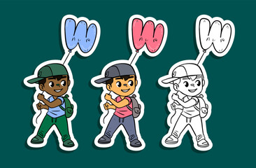 Cute Cartoon Boys Holding Letter W Balloons Sticker Set