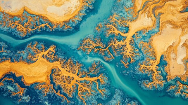 Vertical aerial photograph capturing mesmerizing fractal patterns of ancient mangrove systems at Simpson Beach, complex network of channels and islands visible from above, vibrant colors where ochre