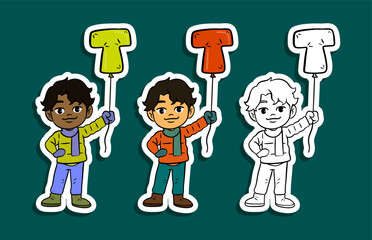 Cute Cartoon Boys Holding Letter T Balloons Sticker Set