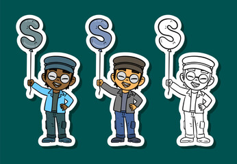 Cute Cartoon Boys Holding Letter S Balloons Sticker Set