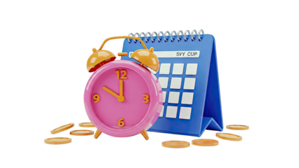 Alarm clock, calendar, and coins