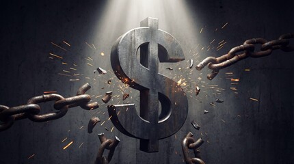 Dollar sign shattering chains, symbolizing financial freedom, breaking debt, and economic power with dramatic light