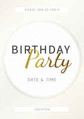 Elegant gold and white birthday party invitation template with modern typography and striped background. Hand drawn vector illustration. Layout for party, celebrations and birthday events.