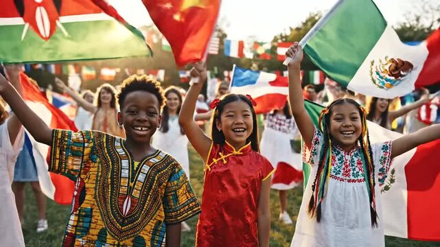 Diverse group celebrates with flags outdoors under sunlight during the day