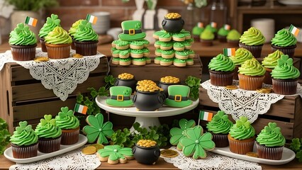 St patrick's day dessert table with green cupcakes and shamrock treats for lucky celebration