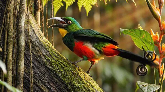 A vibrant, exotic bird with striking green, yellow, and red plumage perches on a moss-covered branch in a lush, tropical forest setting. Its white beak is open, suggesting a call or vocalization, capt