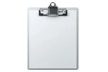 Blank white plastic clipboard with silver metal clip on black background