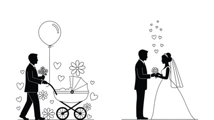 A happy couple celebrating new life and love with flowers and hearts