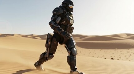 A futuristic soldier walks through the sandy desert landscape wearing a sleek black armor suit.