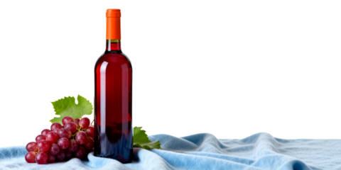 Red Wine Bottle with Grapes and Blue Cloth
