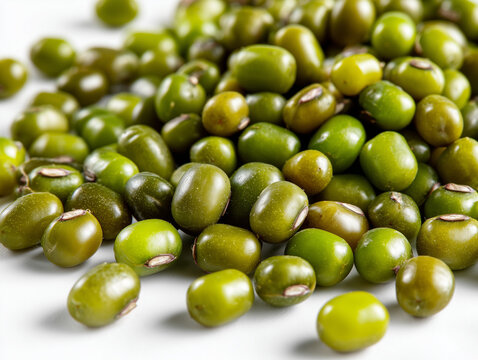 A close-up, high-angle view of a pile of raw, dried mung beans (Vigna radiata), also known as green gram, scattered on a plain white background. 