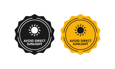 Product warning label or badge featuring a sun icon, advising to keep the item away from direct solar heat and light for quality preservation.