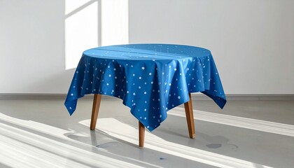 Round table with blue polka dot tablecloth pooling on floor in sunlit minimalist room with shadows.