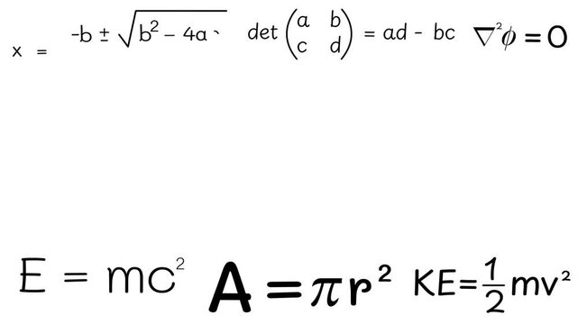Mathematical equations and formulas writing on the white backdrop with copy space in center, 4k animation