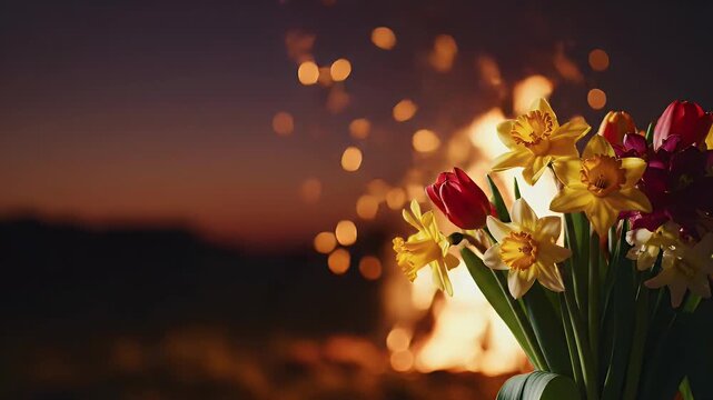 Walpurgis Night background with spring flowers and firelight glow on right warm night gradient