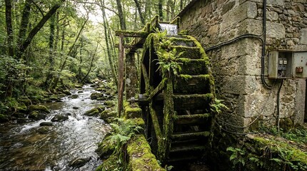 Ancient Water Mill in Lush Forest Setting