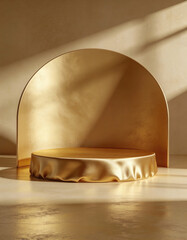 Modern Premium Product Podium Made of Satin Gold Material with Soft Shadows on Clean Minimalist Studio Background, Luxury Mockup Scene for High-End Branding, Advertising, and Editorial Design