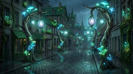 Enchanted Forest Street with Glowing Plants