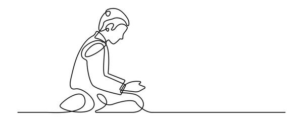 Minimal line art illustration of young muslim man praying islamic ramadan kareem concept