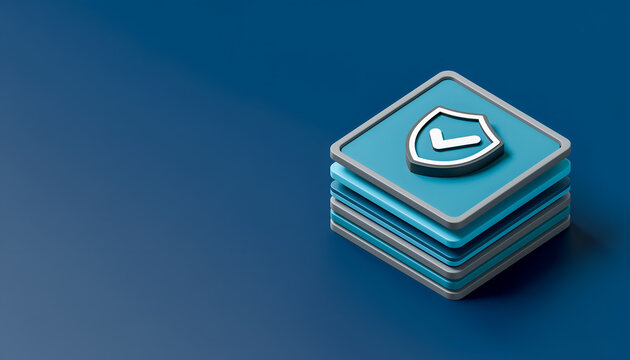 3D secure data stack with shield check mark icon, verified cloud storage and compliance concept on blue background with copy space