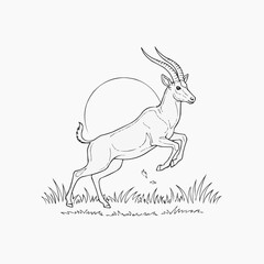 Minimalist, coloring book line art illustration of a graceful antelope jumping mid-air in the savanna, with flowing, continuous black lines on a clean white background. Generative AI