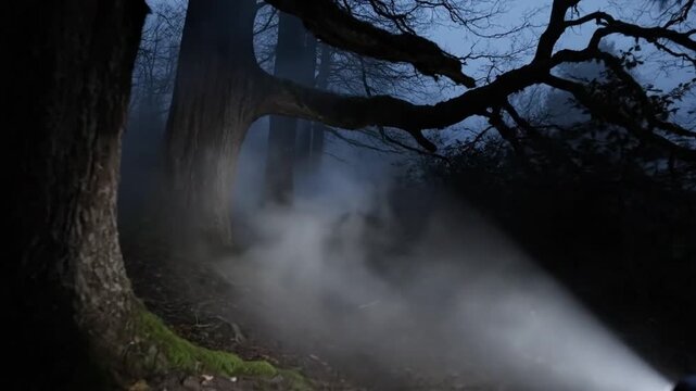Mysterious Foggy Forest at Night with Old Tree and Eerie Atmosphere