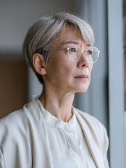 Senior employee reflecting on career transition at office window