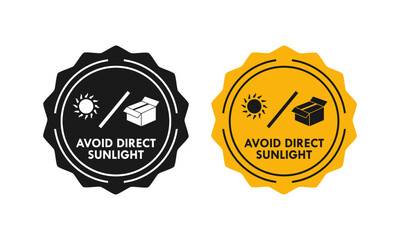 Product warning label or badge featuring a sun icon, advising to keep the item away from direct solar heat and light for quality preservation.