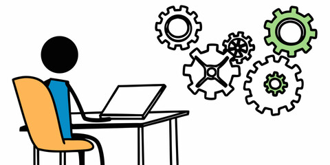 Person working on laptop with gears desk chair 1