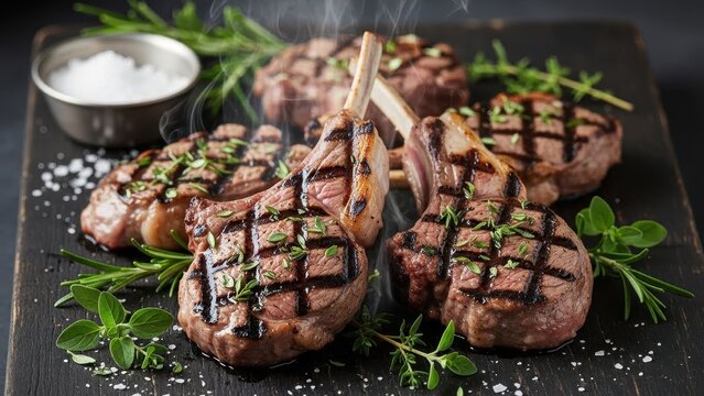 Sizzling gourmet grilled lamb chops and beef steaks perfectly seasoned with fresh herbs and coarse