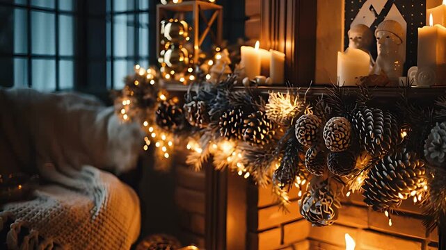 暖炉の火と豪華なクリスマスのマントルピース装飾
