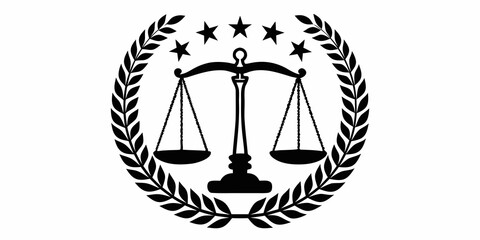 Black scales of justice with laurel wreath and stars