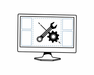 Computer monitor with wrench and gear on screen 1