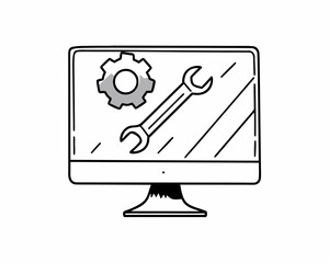 Computer monitor with wrench and gear on screen