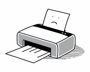Sad printer with paper jam frowning