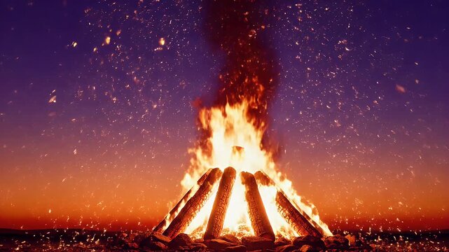 Walpurgis Night background with large bonfire flames and deep purple to orange twilight gradient