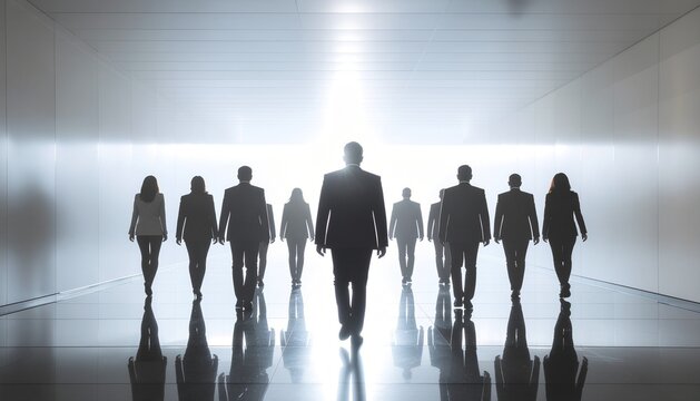Modern business concept illustration, diverse professionals walking forward together toward bright abstract light