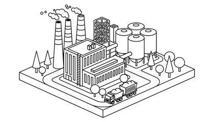 An isometric illustration of a factory with smokestacks and a truck on a road