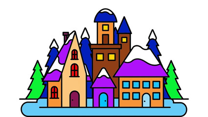 A colorful cartoon illustration of a small village in a snowy landscape
