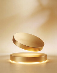 Floating Golden Product Pedestal with Gentle Glow on Beige Gradient Background, Premium Advertising Aesthetic for Luxury Branding, High-End Mockups, Minimal Product Display, and Elegant Commercial Vis