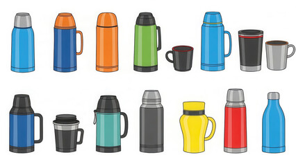 Colorful collection of various thermoses and mugs, showcasing different shapes and sizes, perfect for outdoor activities and beverage storage, ideal for travel and adventure enthusiasts