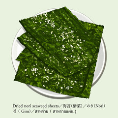 Crispy nori dry seaweed sheets with sesame seeds on plate healthy Asian snack food background