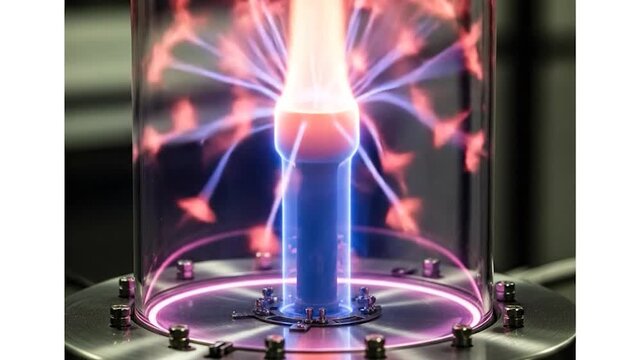 Glowing plasma ball with electrical discharges inside a glass cylinder, with blue and red rays emanating