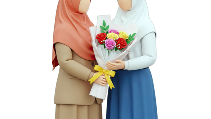 Two Muslim women sharing a bouquet of roses
