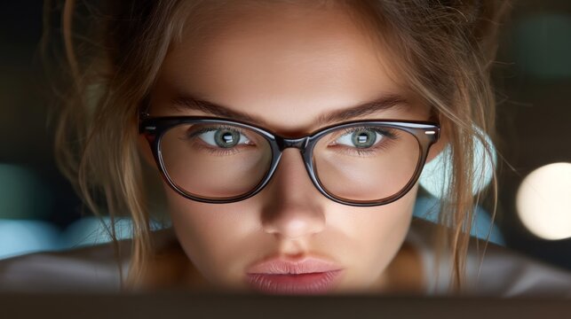 Concentrating deeply, a young woman with glasses is hard at work on her computer, making steady progress on her coding project in a cozy, dimly lit setting - Powered by Adobe