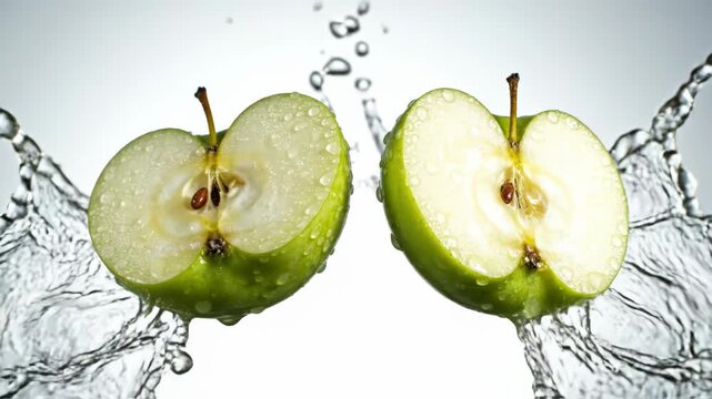 Green apple halves with water splashing on white background 4k video