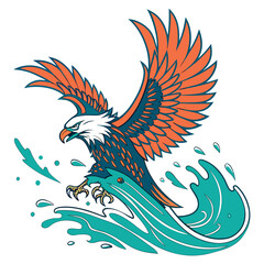 Obraz premium Dynamic eagle flying over ocean waves vector illustration. Energetic design ideal for t-shirts, posters, adventure themes, and wildlife graphics.